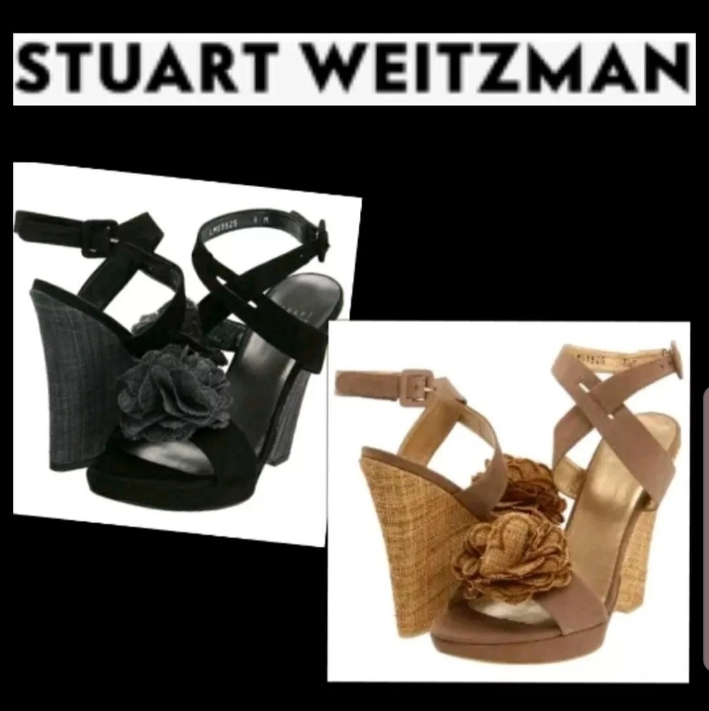 Stuart Weitzman Black Tan Rosette Wedge Shoes